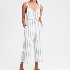American Eagle Outfitters Striped Jumpsuit - White and Gray